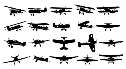Collection of Vintage Biplanes and Monoplanes Silhouettes. © Gina