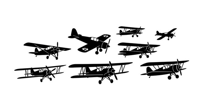Collection of vintage biplanes and monoplanes in silhouette, showcasing early aviation designs.