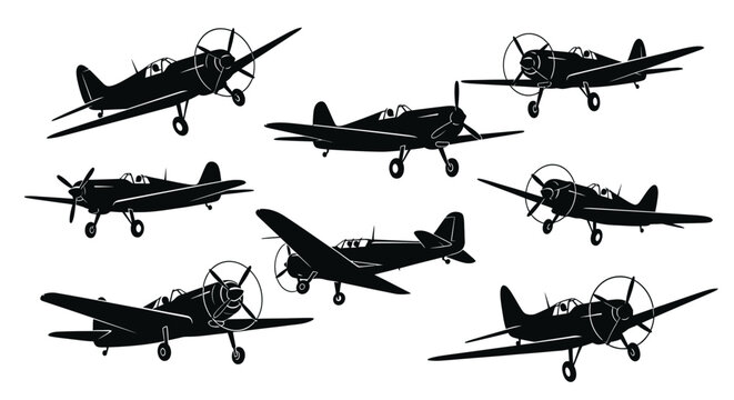 Collection of vintage propeller airplanes in various flight positions.