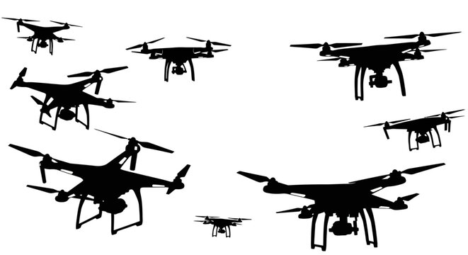 Silhouettes of multiple drones flying in the sky, representing modern technology and aerial surveillance.