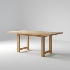 Fototapeta premium A wide-angle shot of a minimalist wooden table with a slim profile. The image captures the entire silhouette of the piece, highlighting the symmetry and balanced proportions of the design.