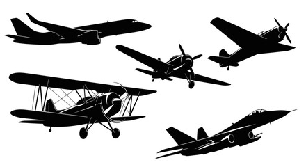 Silhouettes of various aircraft types, from vintage biplanes to modern jet fighters and commercial airliners, showcasing the evolution of flight. © nia