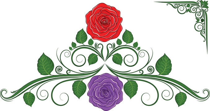 Red and purple rose flower vector bouquet with green leaves and decorative swirls isolated on white for wedding invitation design