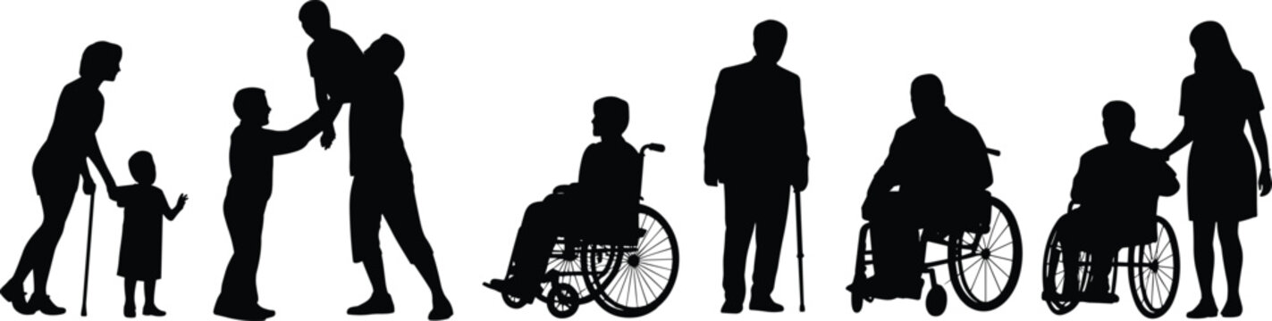 Inclusive silhouettes of diverse people, children, seniors, wheelchair users, caregivers, disability support, accessibility, community diversity, healthcare, family unity illustration