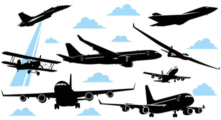 Collection of various aircraft silhouettes flying through the sky with clouds. © Joko