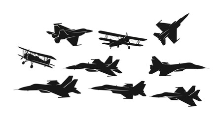 Collection of various aircraft silhouettes in black and white. © Joko