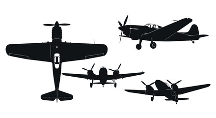 Silhouettes of vintage airplanes in various views, showcasing classic aircraft designs and historical aviation. © nia