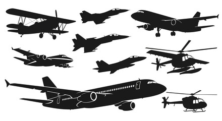 Collection of various aircraft silhouettes flying through the sky. © Joko