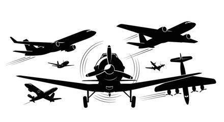 Collection of various aircraft silhouettes in flight, showcasing different types of airplanes against a white background. © Joko