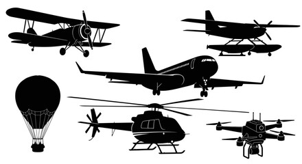 Collection of various aircraft silhouettes including airplanes, helicopters, and a hot air balloon. © Joko