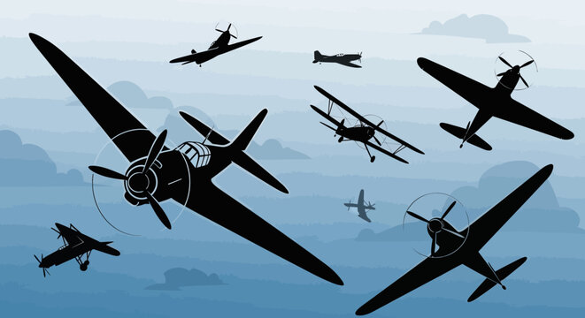 Silhouettes of vintage propeller airplanes flying in the sky.