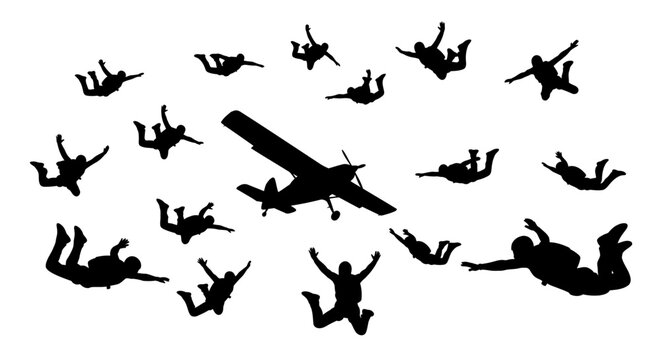 Skydivers and airplane silhouettes in a dynamic skydiving scene.
