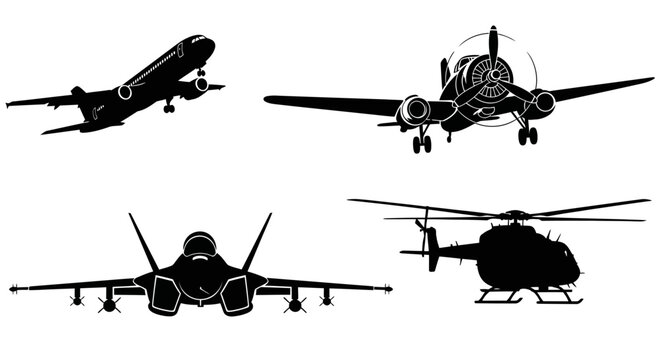 Collection of various aircraft silhouettes including a commercial jet, propeller plane, fighter jet, and helicopter.