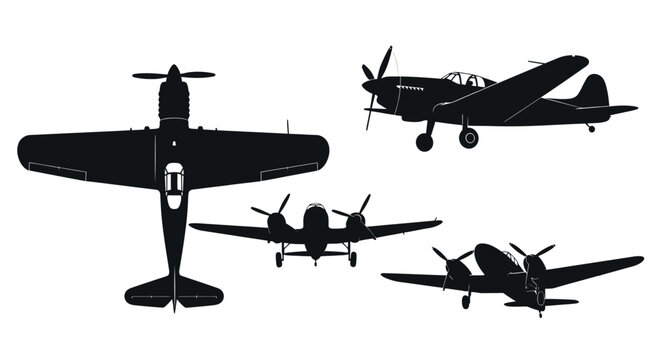 Silhouettes of vintage airplanes in various views, showcasing classic aircraft designs and historical aviation.