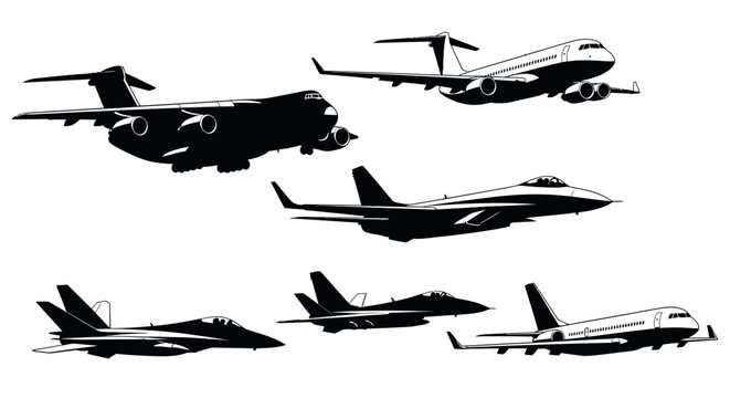 Collection of various aircraft silhouettes in flight, including commercial airliners, cargo planes, and fighter jets, against a white background.