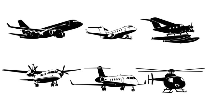Collection of various aircraft silhouettes including commercial planes, private jets, seaplanes, propeller planes, and helicopters.