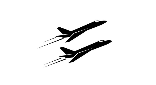 Two jet planes flying in formation, leaving trails, black and white illustration.