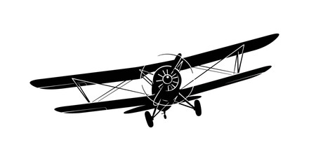 Vintage Biplane Silhouette Flying Isolated White Background. © Selena
