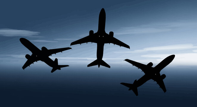 Three airplanes flying in formation against a dark sky.