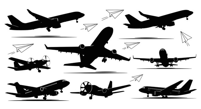 Collection of various airplane silhouettes and paper planes.