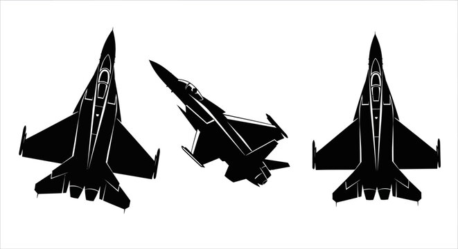 Three jet fighter silhouettes in various aerial perspectives.