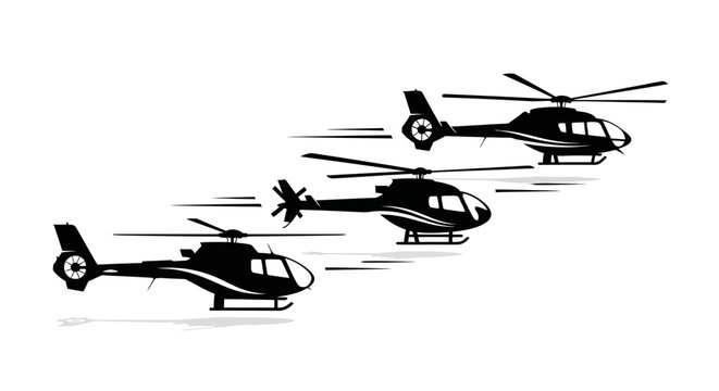 Three helicopters flying in a dynamic, stylized black and white illustration.