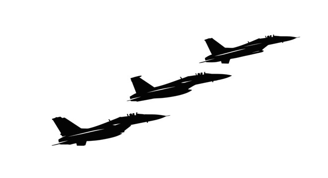 Three fighter jets in formation flying across a clear sky.
