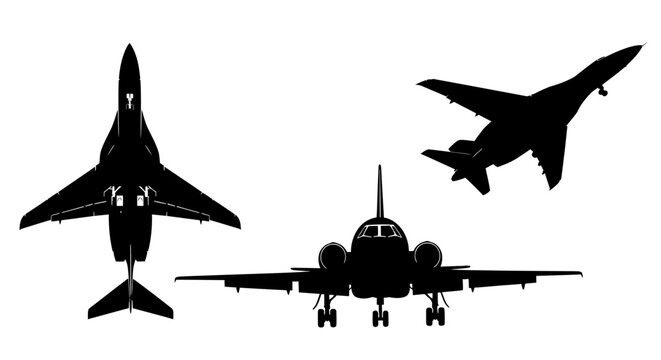Three distinct silhouettes of military aircraft in various flight positions.