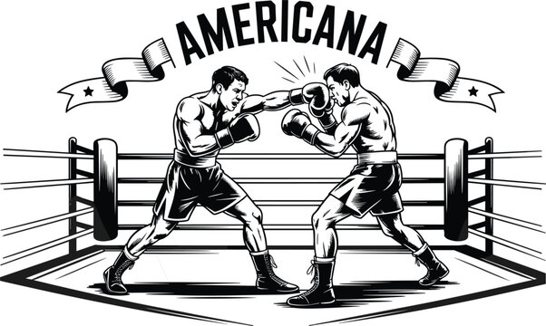 Vintage boxing illustration, two fighters in ring, Americana banner, retro sports artwork, strength, gloves, trunks, athletic contest, combat competition design