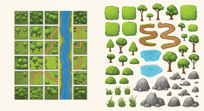 Cartoon nature map tiles and landscape elements, green forest game assets with trees and river, modular world building kit for level design