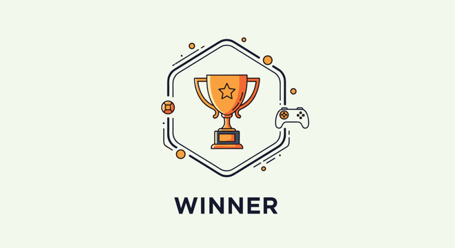 Winner badge featuring a golden trophy cup and a game controller within a hexagonal frame for esports and gaming achievements.