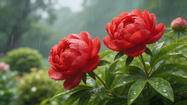 Red peonies in rain