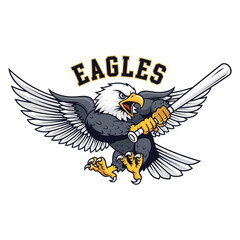 Fototapeta premium Cartoon bald eagle holding baseball bat with wings spread