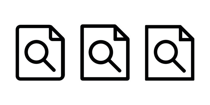 Document search icon set with magnifying glass over paper sheet showing find file functionality for office management and digital database storage systems