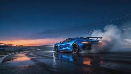 Fototapeta premium Blue Sports Car Drifting: A sleek, blue sports car expertly drifts around a wet track, kicking up a cloud of vapor as the sun sets, creating a dynamic scene of speed and control.