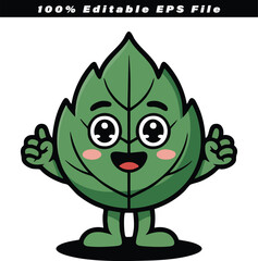 Fototapeta premium A cheerful green cartoon leaf character, featuring a wide smile, rosy cheeks, and both thumbs enthusiastically pointing upwards, embodies positive environmental concepts and natural well-being.
