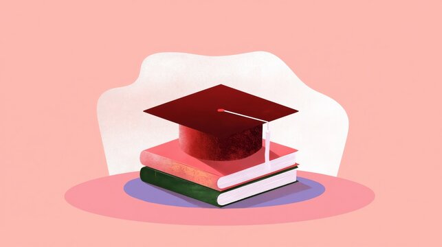 Graduation Cap Rests on Stacked Books on a Tabletop With a Pink Background
