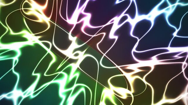 Vibrant neon light trails in shades of green, blue, and yellow against a dark background with a sense of dynamic energy and movement.