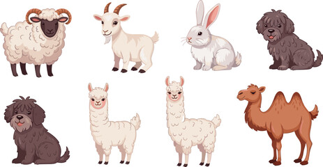 Farm and Domestic Animals Vector Set with Sheep, Goat, Rabbit, Dog, Llama, Alpaca, and Camel Cartoon Livestock Illustration Collection © Lota
