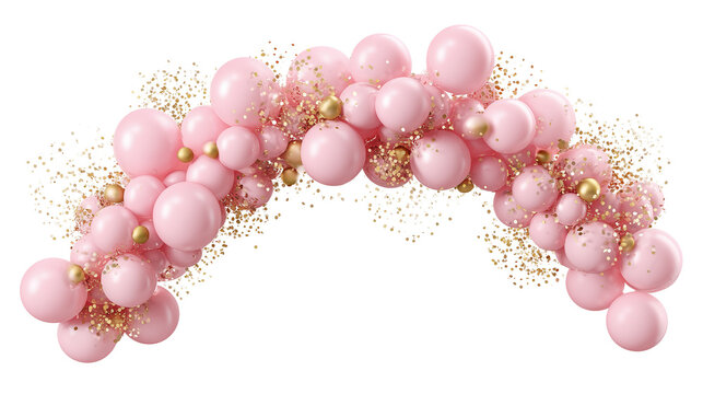 Pink and gold balloons in an arch shape isolated on transparent background for party decoration