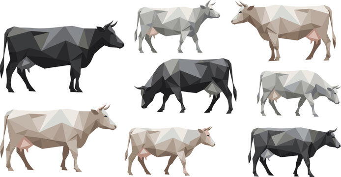 Low poly cow illustrations set with geometric polygon design, modern abstract cattle animals collection in minimalist vector style