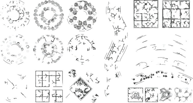 Vintage architectural floor plans and occult symbols, hand drawn sketch elements vector set, mystical diagrams and ancient manuscript fragments