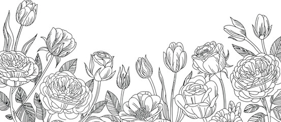 border, Luxury rose flower line art seamless border background, floral plant leaf frame design with vintage bouquet pattern for wedding card summer spring nature decorative vector illustration. © Neal Bailey