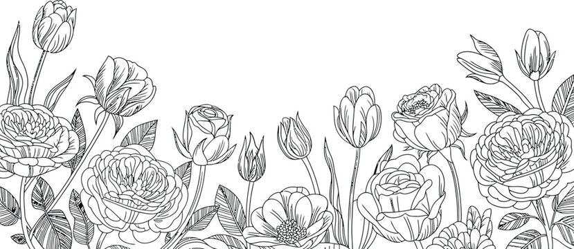 border, Luxury rose flower line art seamless border background, floral plant leaf frame design with vintage bouquet pattern for wedding card summer spring nature decorative vector illustration.