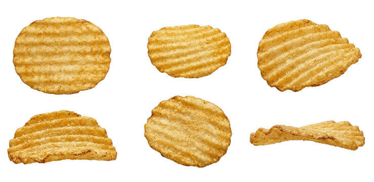 Collection of six golden ridged potato chips showing top side and tilted angles isolated on transparent background for snack food packaging
