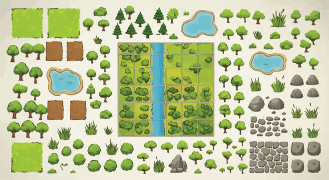 Isometric landscape map creator kit, green forest and nature environment vector elements, game world building set with trees and water