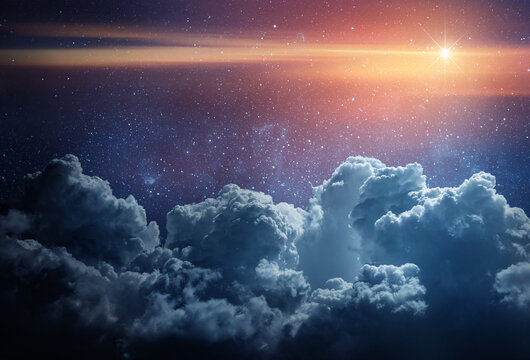  Starry night sky with clouds.. Panorama. Elements of this image furnished by NASA