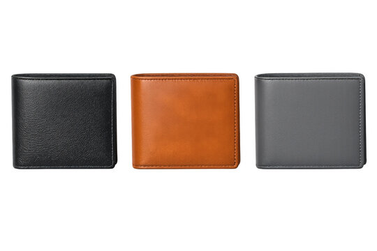 Bifold leather wallets displaying black, tan, and grey options