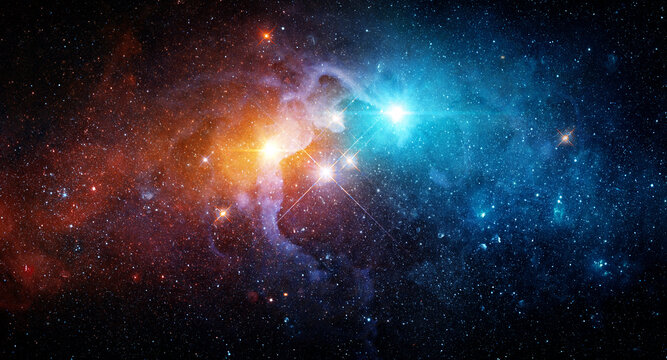 Collage, not AI. Space scene with galaxy. Panorama. Universe filled with stars, nebula and galaxy,. Elements of this image furnished by NASA.