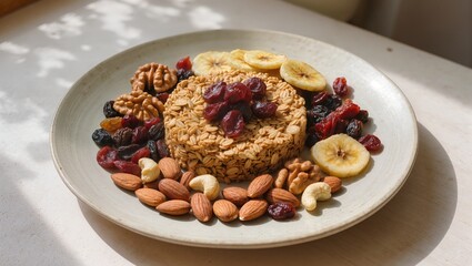 Fototapeta premium Healthy Oatmeal Porridge with Nuts, Dried Cranberries, and Bananas